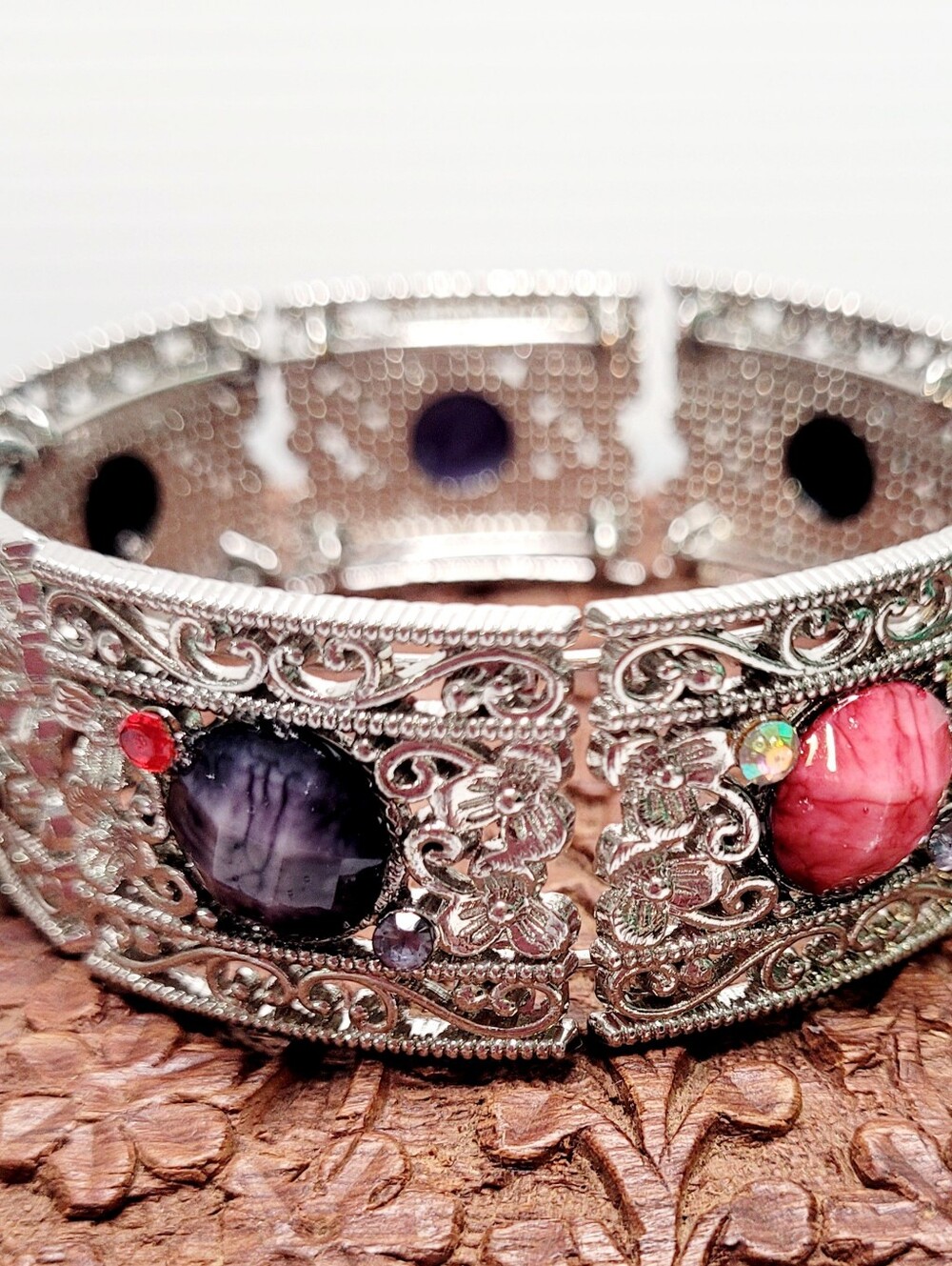 Silver Filigree Bracelet with Purple and Pink Gemstones